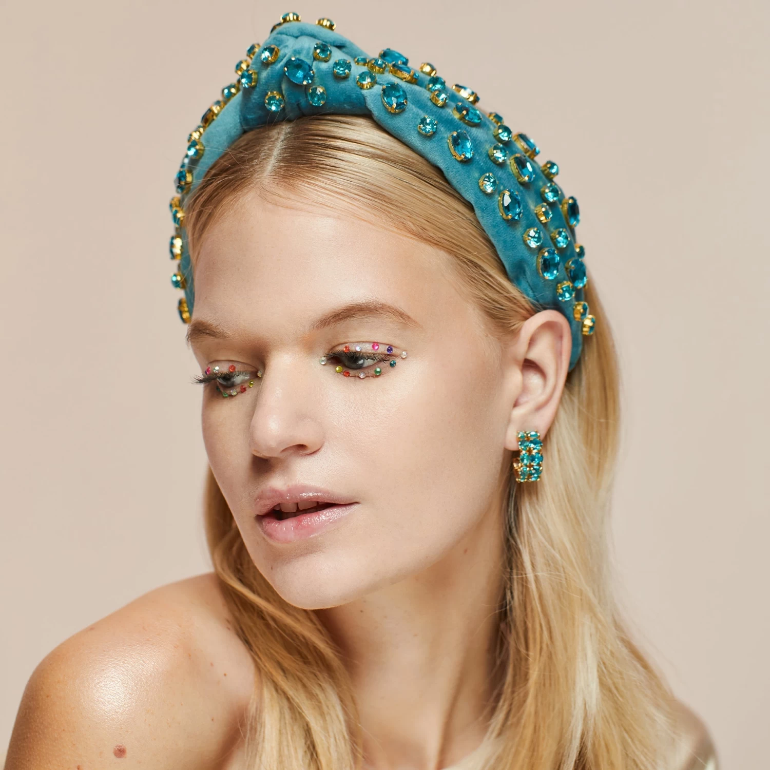 DECEMBER BLUE TOPAZ OVAL CRYSTAL DOUBLE ROW HOOP EARRINGS - Image 2