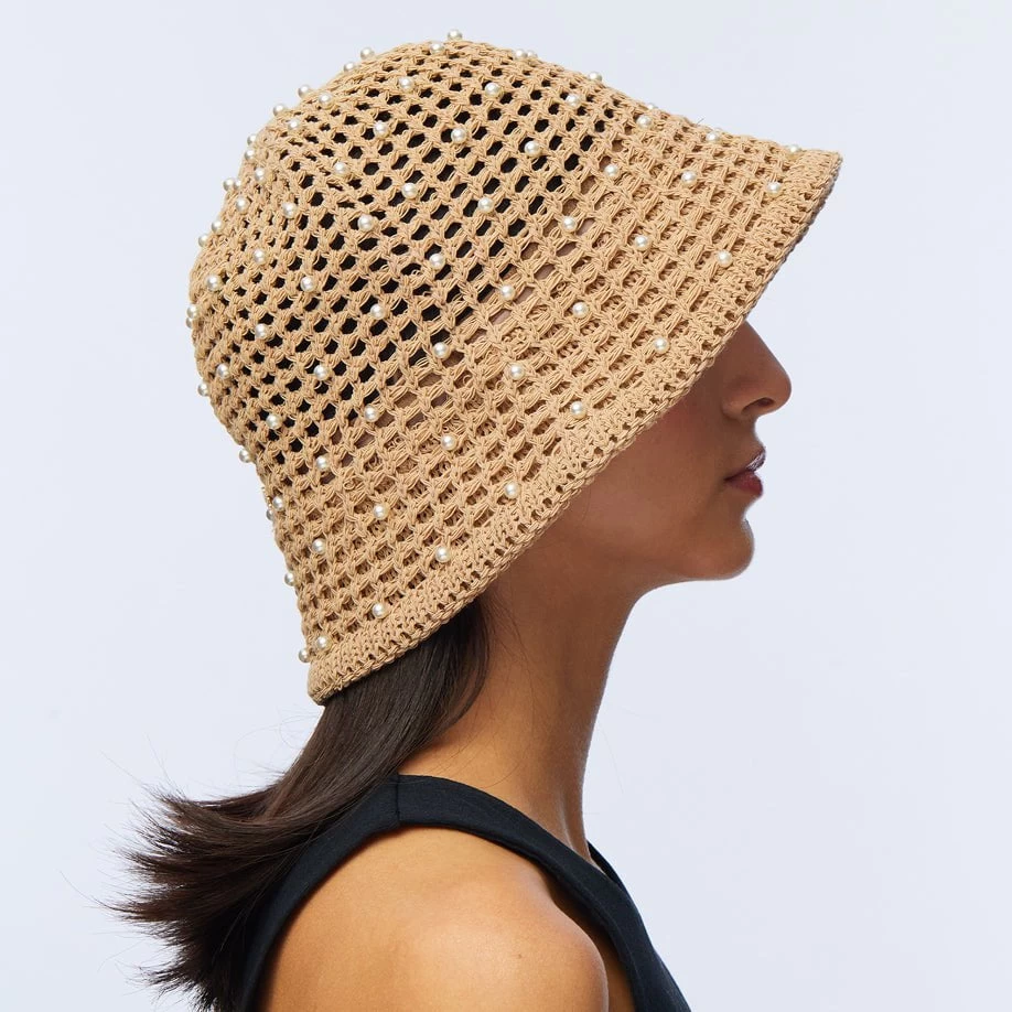 NATURAL OPEN WEAVE PEARL BUCKET HAT - Image 2