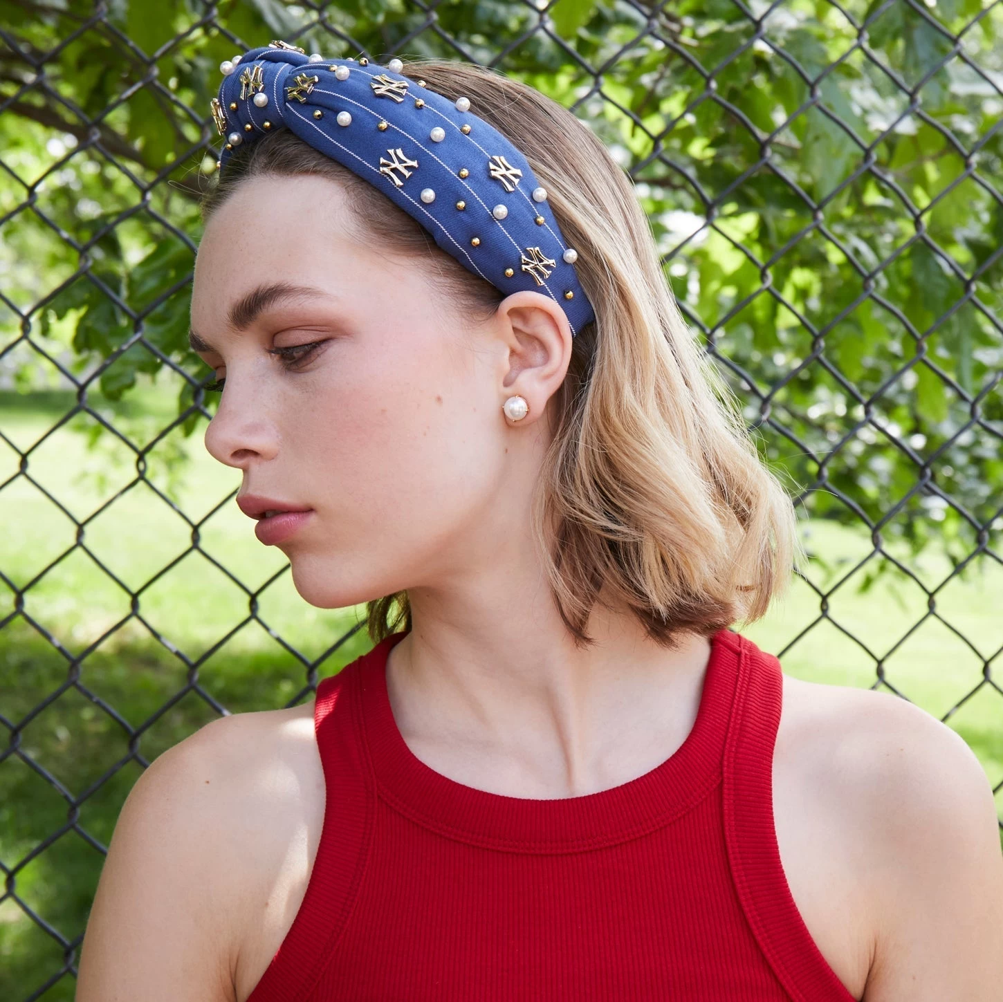 NAVY NY YANKEES EMBELLISHED KNOTTED HEADBAND - Image 6