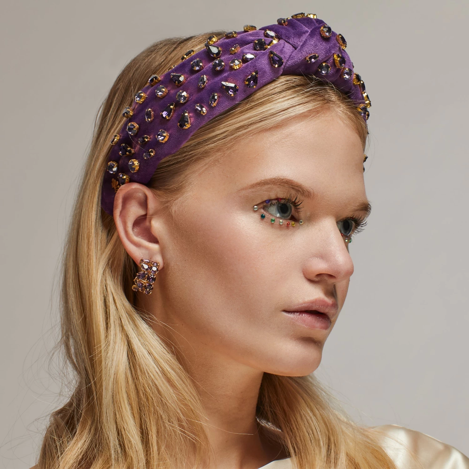 FEBRUARY AMETHYST CANDY JEWELED VELVET KNOTTED HEADBAND - Image 2
