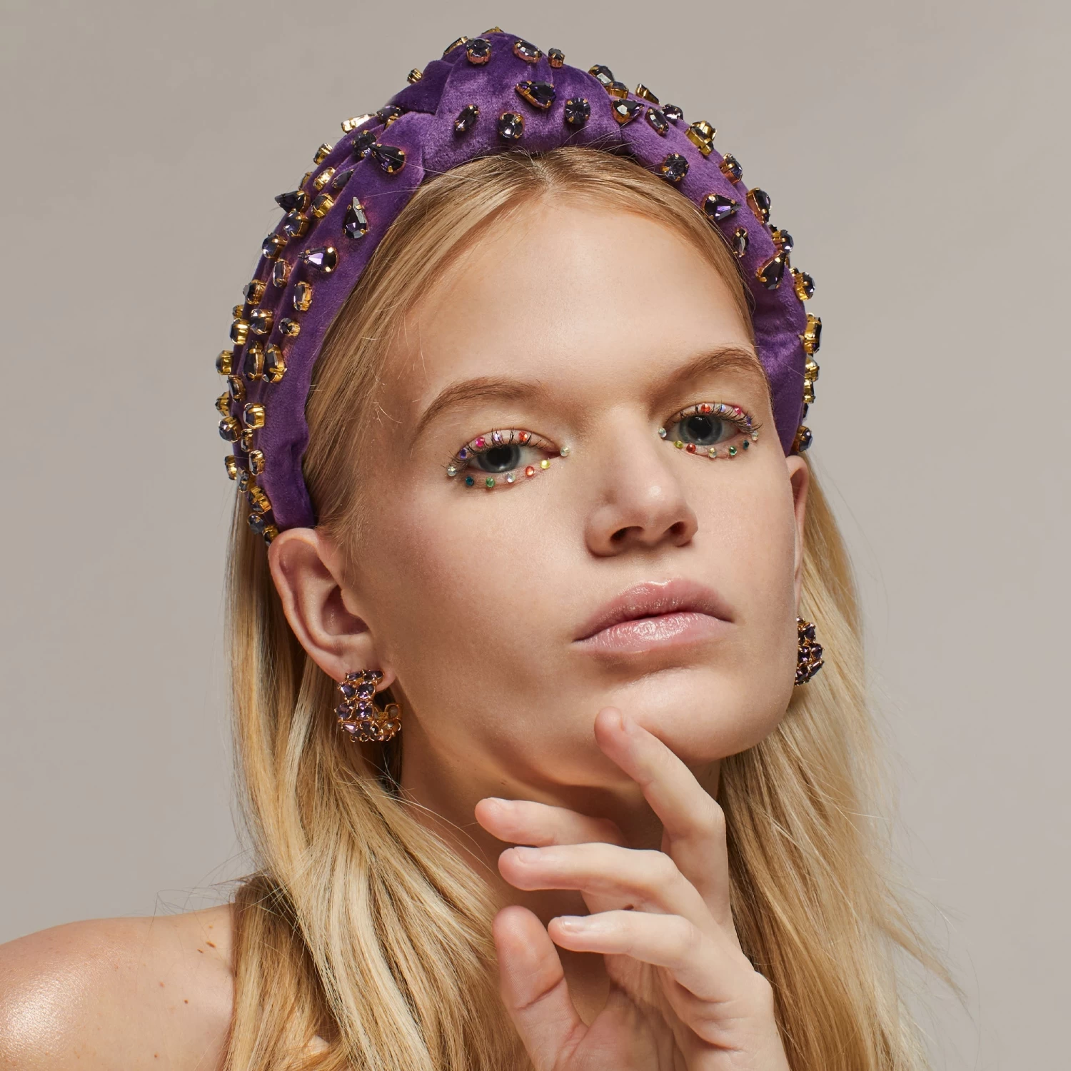 FEBRUARY AMETHYST CANDY JEWELED VELVET KNOTTED HEADBAND - Image 4