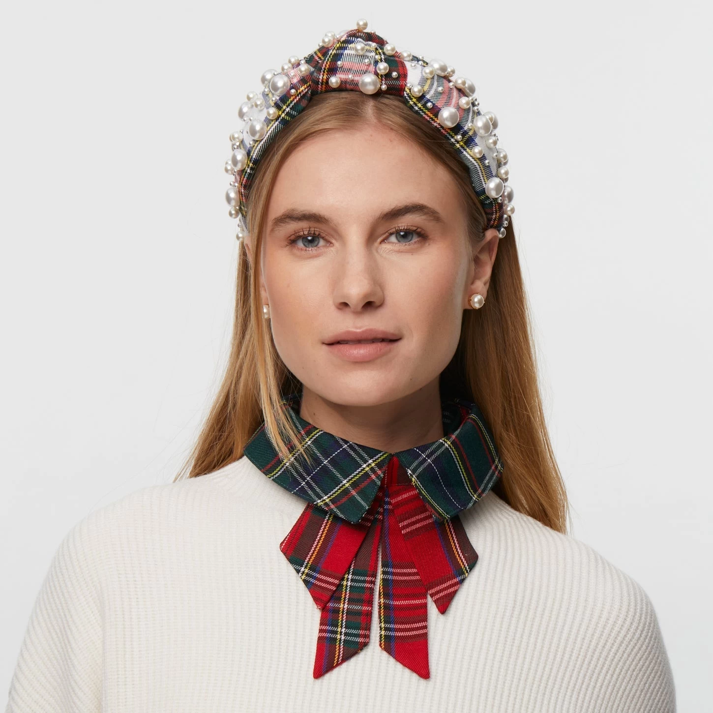 IVORY PLAID MULTI PEARL PLAID KNOTTED HEADBAND - Image 2