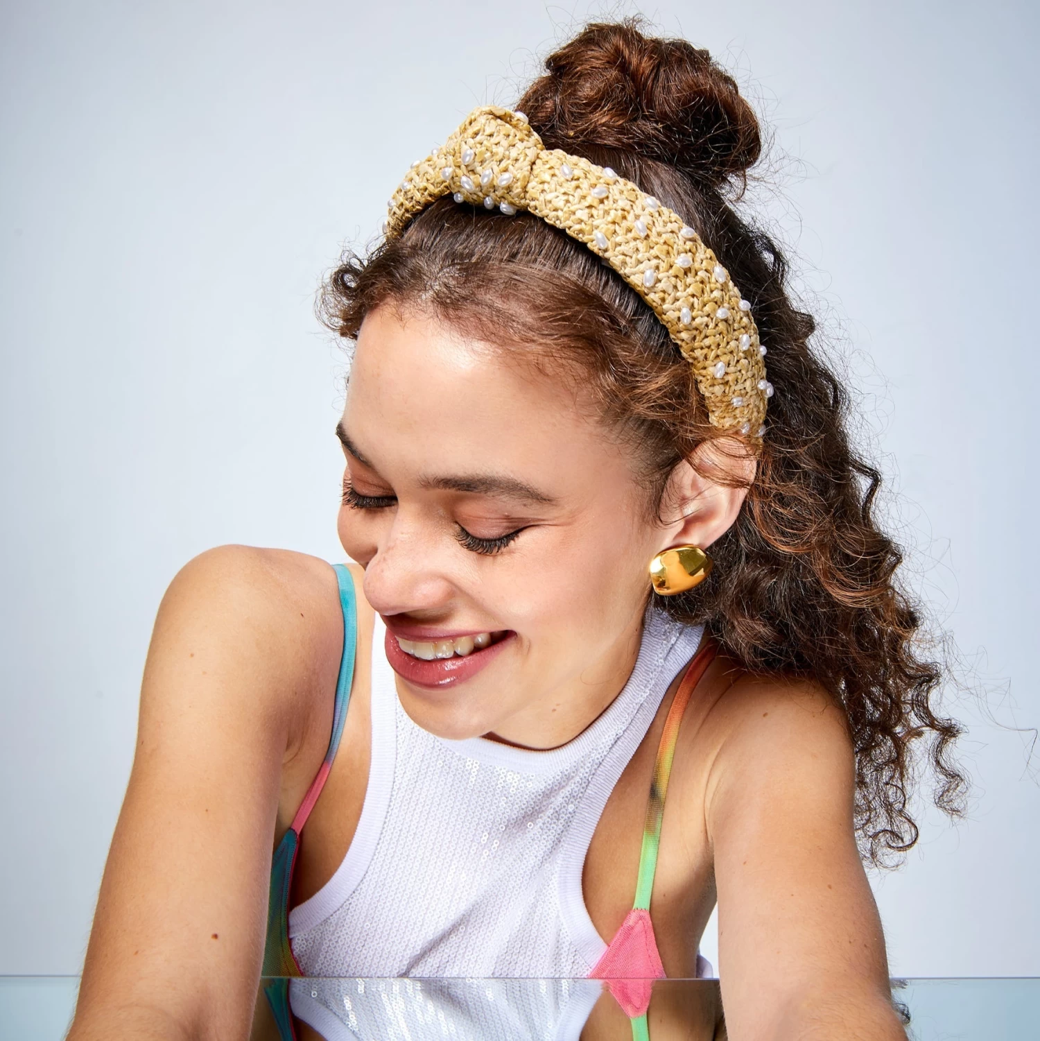 NATURAL PEARL EMBELLISHED RAFFIA SLIM KNOTTED HEADBAND - Image 2