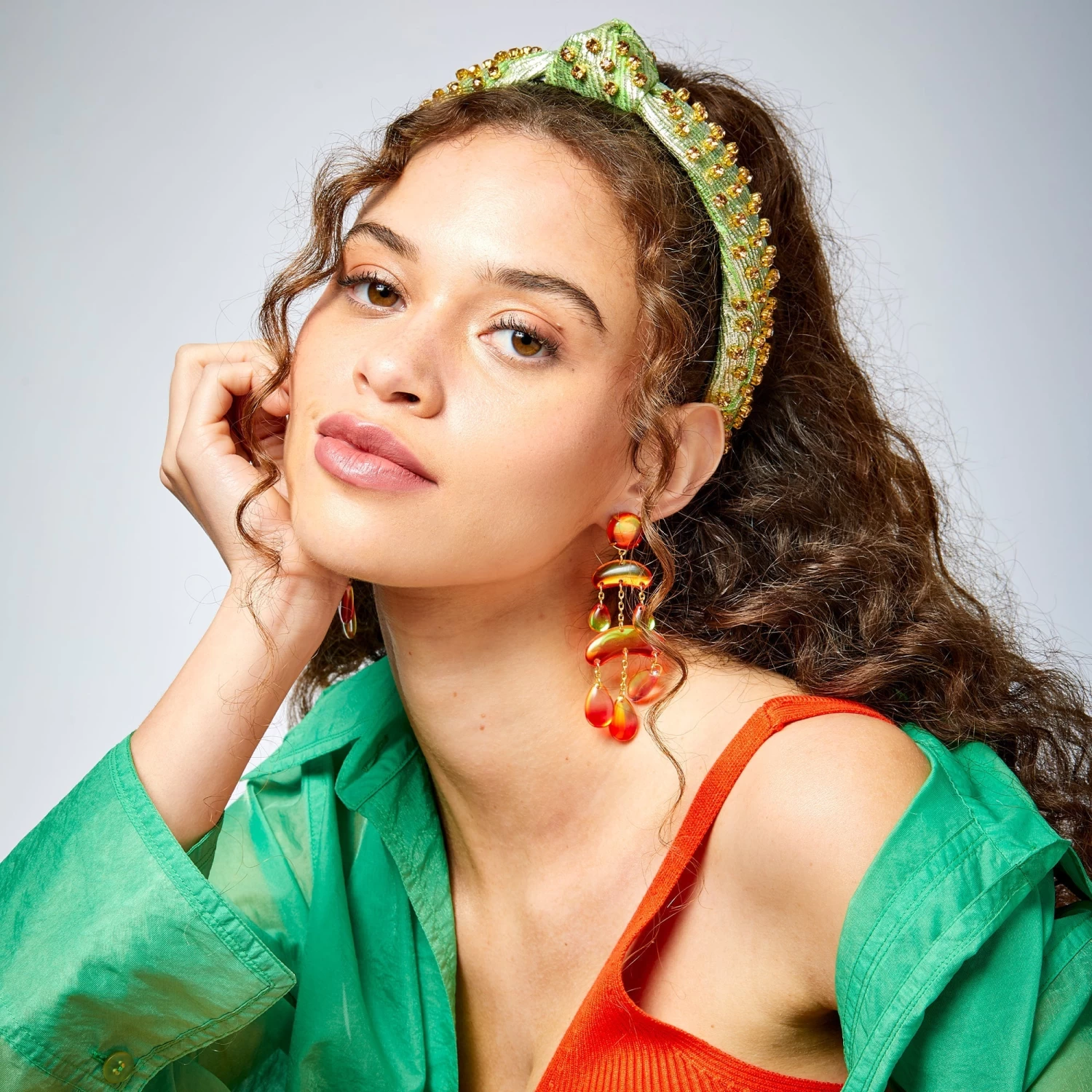 PARAKEET EMBELLISHED BROCADE SLIM KNOTTED HEADBAND - Image 2